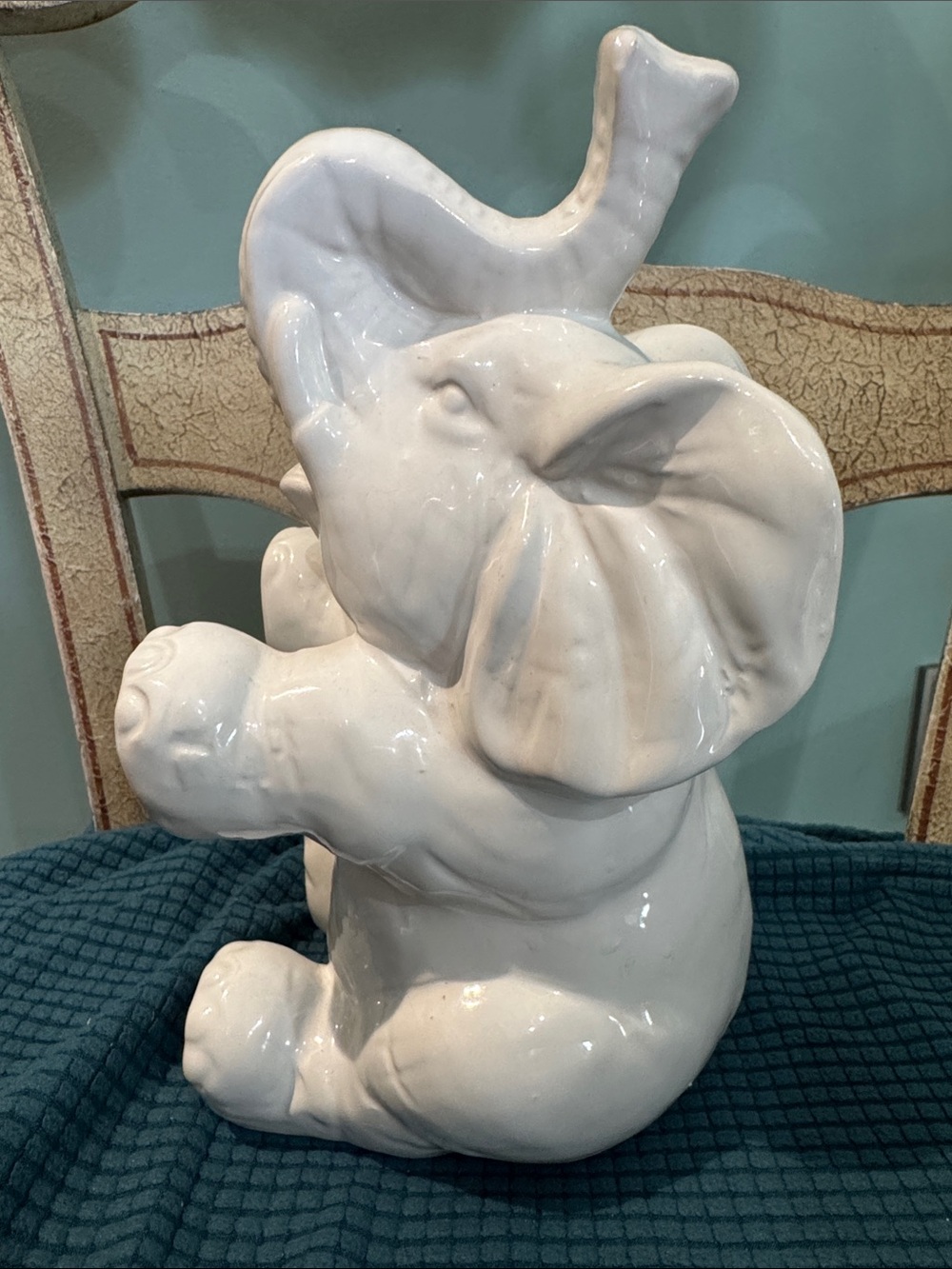 White Ceramic Sitting Elephant Figurine With Trunk Up For Good Luck 9.5" Tall